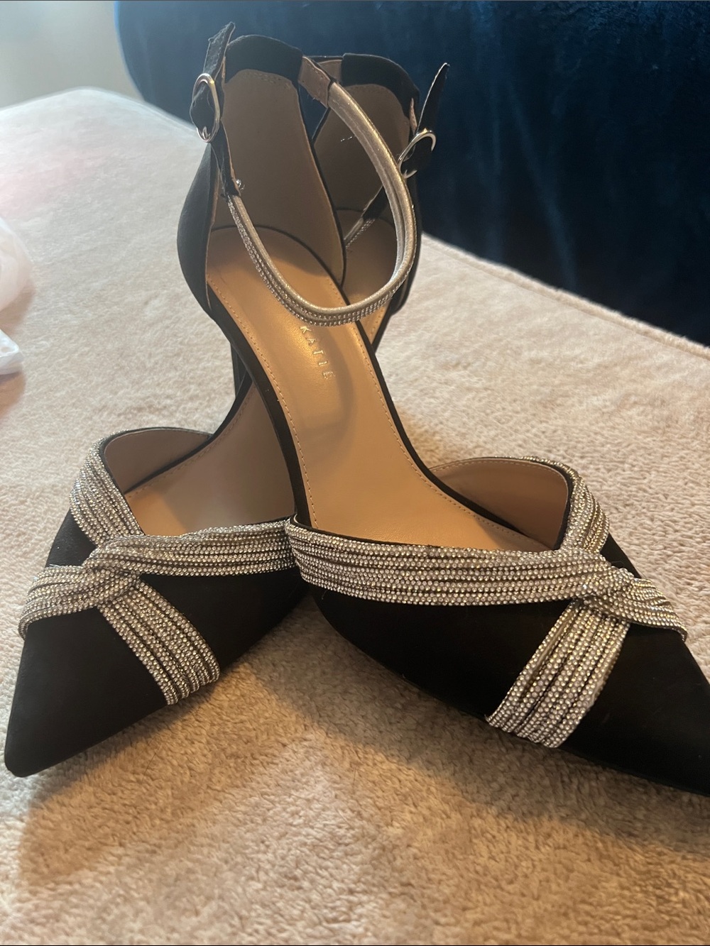 Kelly & Katie Black Pointed-Toe Stiletto Heels with Silver Crystal Straps